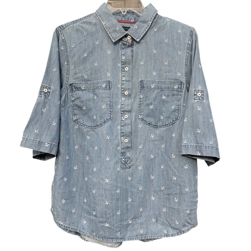 Tommy Hilfiger Chambray Anchor Print Popover Shirt Women’s Large Blue